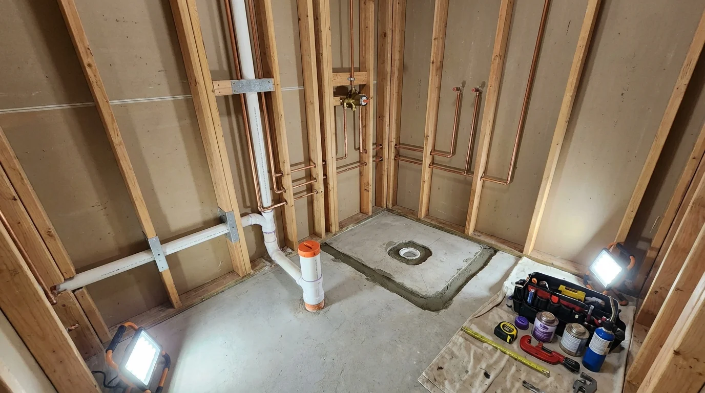 Bathroom rough-in plumbing during remodel by Johns Plumbing LLC in Cartersville