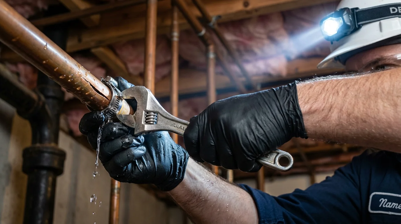 Emergency pipe clamp repair being performed by a Johns Plumbing LLC plumber in Cartersville