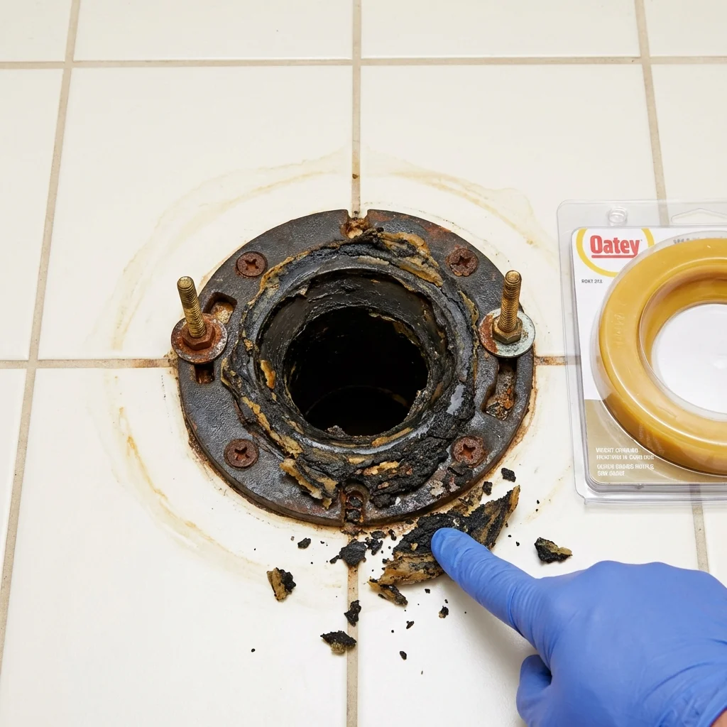 Failed wax ring showing water seepage at the base of a toilet in a Cartersville, GA home