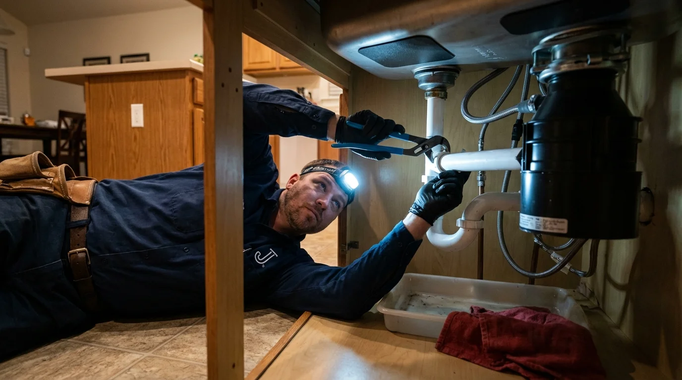 P-trap and supply line connections under a kitchen sink showing a common leak point in Cartersville, GA